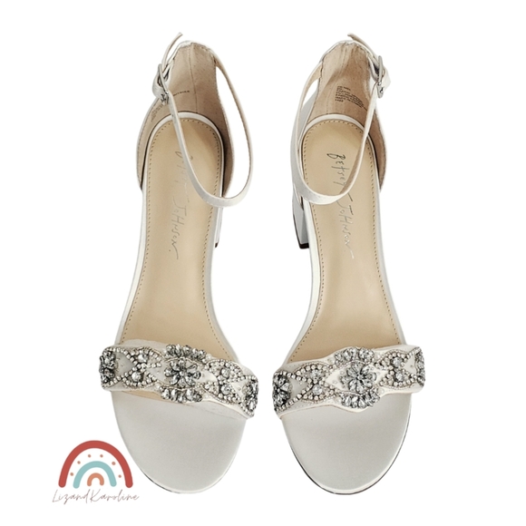 New! Betsey Johnson Mel Bridal Ivory Satin Rhinestone Cunky Block Heel Sandals - Picture 11 of 16